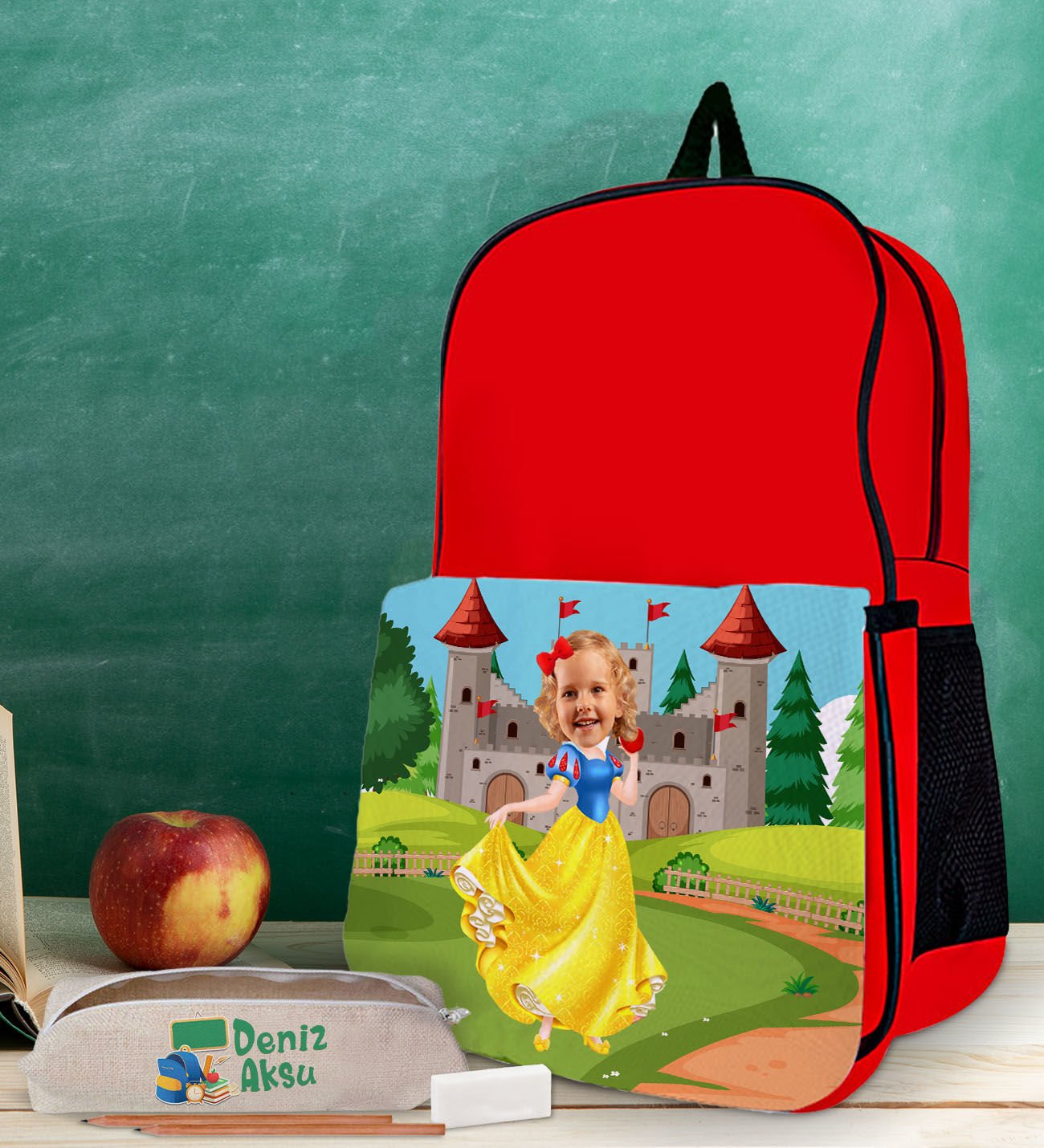 BK Gift Kişiye Özel Pamuk Prenses Tasarımlı Kırmızı Okul Çantası ve Kalemlik Hediye Seti-1