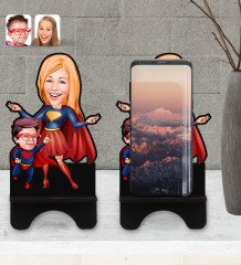 Kişiye Özel Süper Anne Çocuk Karikatürlü Ahşap Biblo Telefon Standı-1