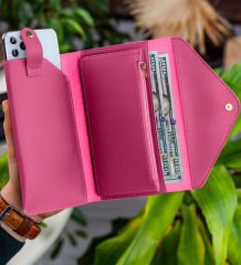 BK Gift Kişiye Özel İsimli Telefon ve Bozuk Para Bölmeli Zarf Model Fuşya Kadın Cüzdanı, Sevgiliye Hediye, Anneye Hediye