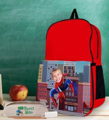 BK Gift Kişiye Özel Süper Kahraman Tasarımlı Kırmızı Okul Çantası ve Kalemlik Hediye Seti-1