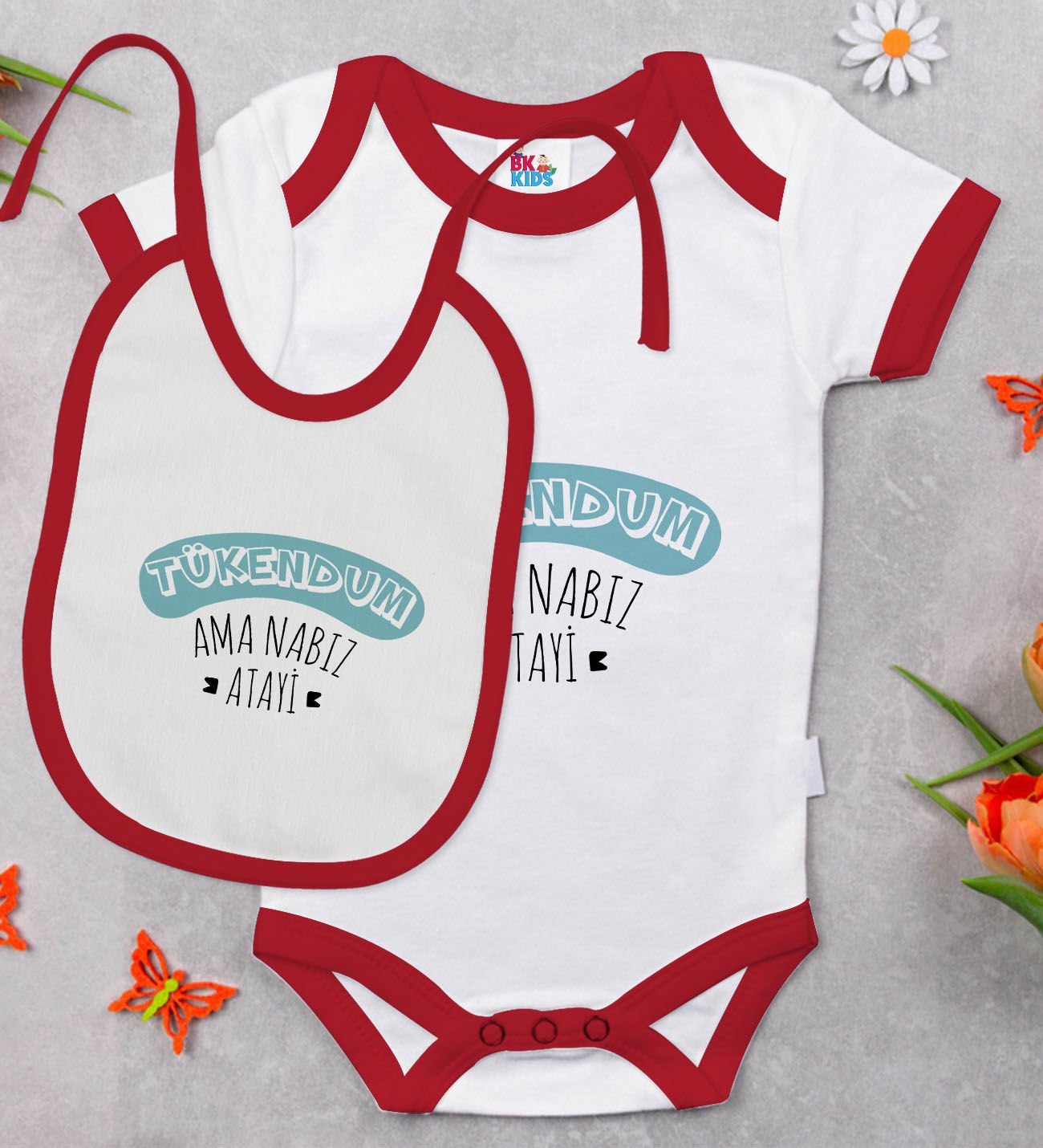 BK Kids Tükendum Tasarımlı Kırmızı Bebek Body Zıbın ve Mama Önlüğü Hediye Seti-1