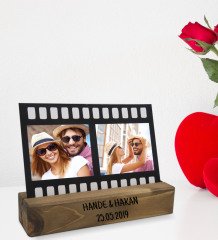 Sevgililere Özel 2 Fotoğraflı Film Şeridi Mesajlı Dekoratif Ahşap Stand