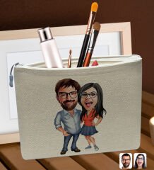 BK Gift Kişiye Özel Sevgililer Karikatürlü Keten Makyaj Çantası, Sevgiliye Hediye, Arkadaşa Hediye, Sevgililer Günü Hediyesi, Doğum Günü Hediyesi-2