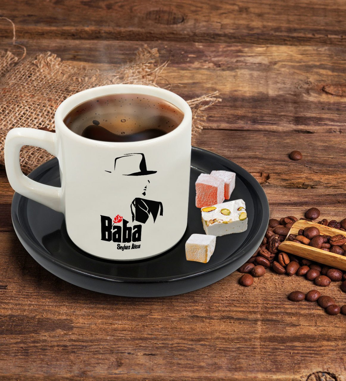 Kişiye Özel Siyah Sunum Tabaklı Baba Godfather Tasarımlı Türk Kahvesi Fincanı Model 16