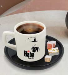 Kişiye Özel Siyah Sunum Tabaklı Baba Godfather Tasarımlı Türk Kahvesi Fincanı Model 16