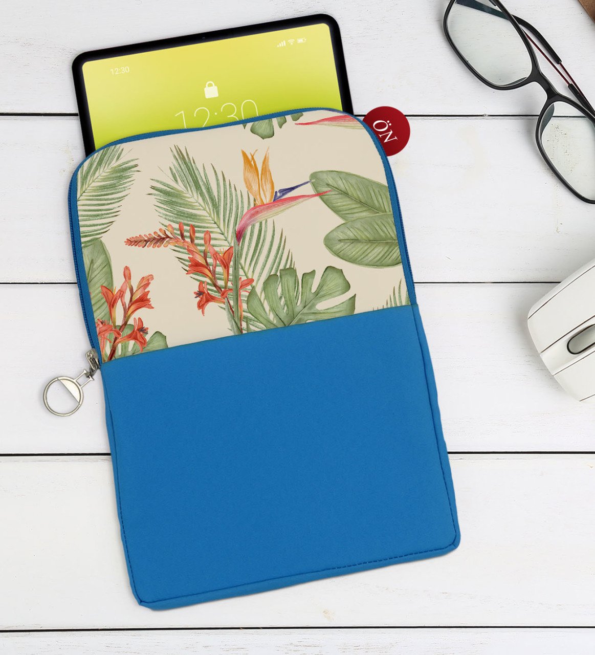 BK Gift Yapraklar Tasarımlı Taşınabilir Koruyucu Tablet Kılıfı & Organizer Çanta - Mavi-2