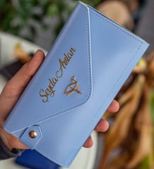 BK Gift Kişiye Özel İsimli Telefon ve Bozuk Para Bölmeli Zarf Model Bebe Mavisi Kadın Cüzdanı, Sevgiliye Hediye, Anneye Hediye