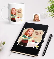 BK Gift Kişiye Özel Öğretmen Karikatürlü Siyah Defter Kalem Kupa Seti - 3