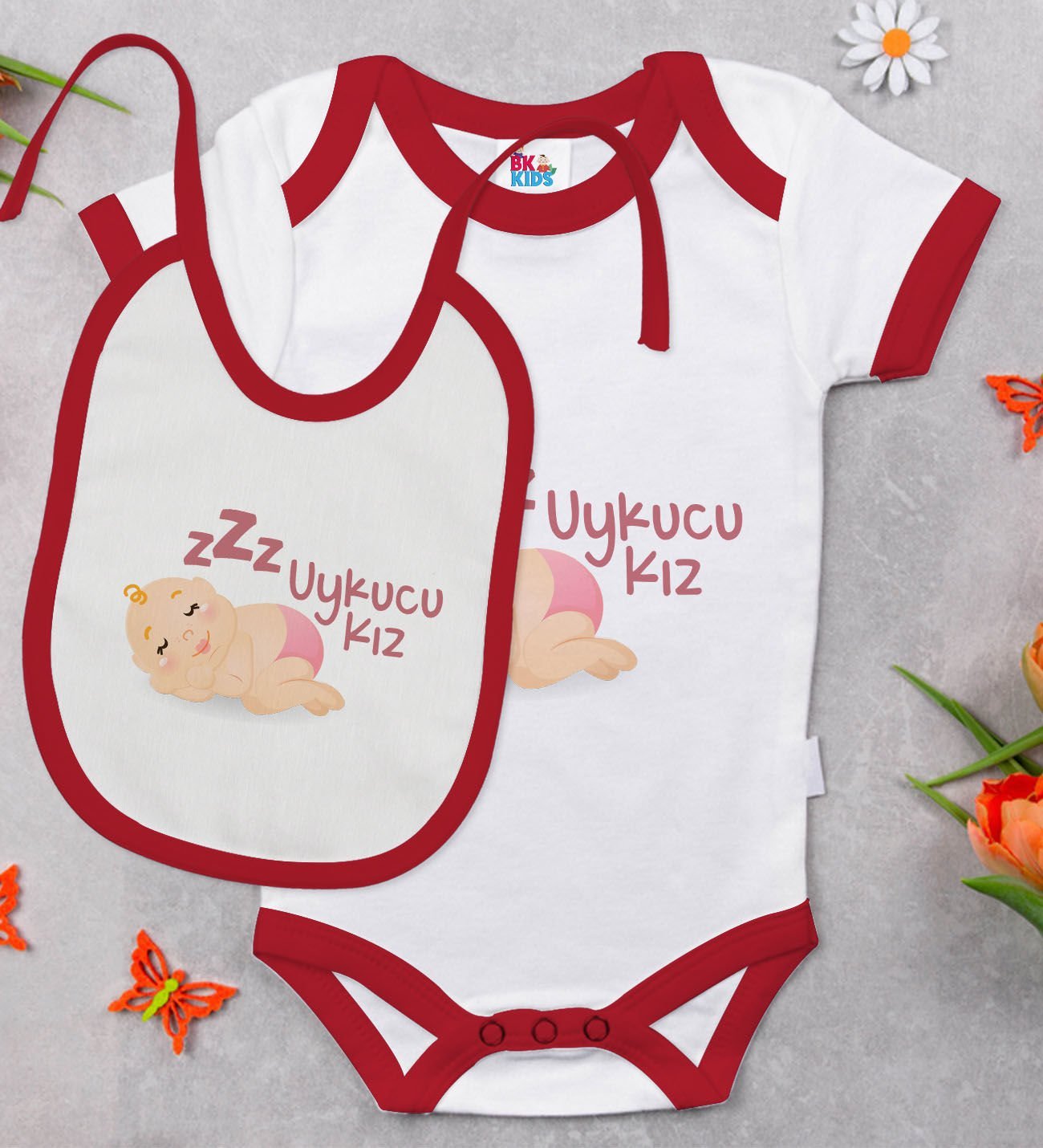 BK Kids Uykucu Kız Tasarımlı Kırmızı Bebek Body Zıbın ve Mama Önlüğü Hediye Seti-1