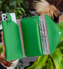 BK Gift Kişiye Özel İsimli Telefon ve Bozuk Para Bölmeli Zarf Model Yeşil Kadın Cüzdanı, Sevgiliye Hediye, Anneye Hediye