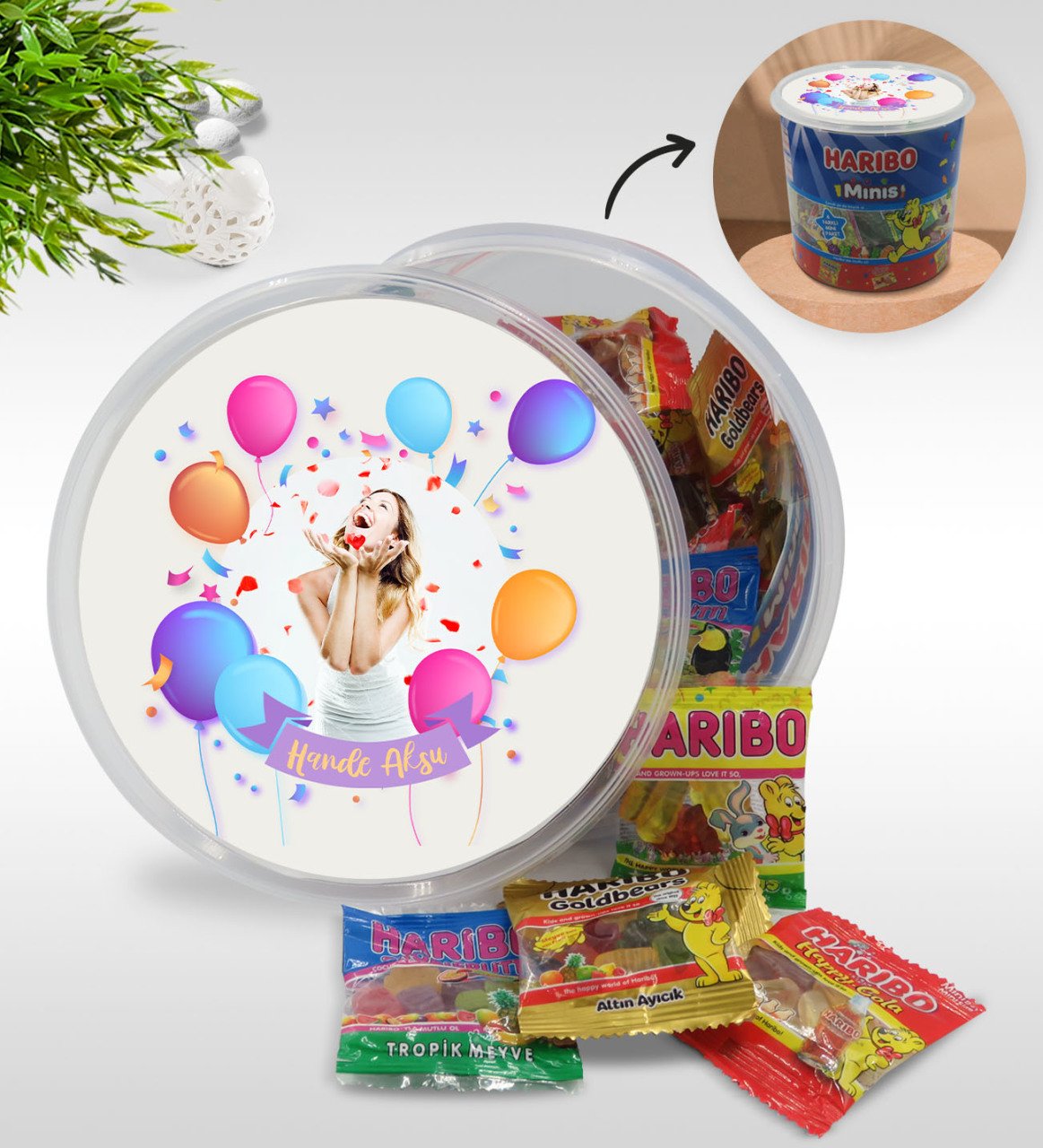 Kişiye Özel İsimli Fotoğraflı Doğum Günü Tasarımlı Dev Boy Haribo Minis Kovası (10gx100adet) Model 5