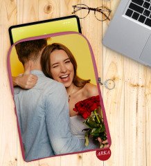 Kişiye Özel Sevgililer Fotoğraflı Taşınabilir Koruyucu Tablet Kılıfı & Organizer Çanta - Pembe-1