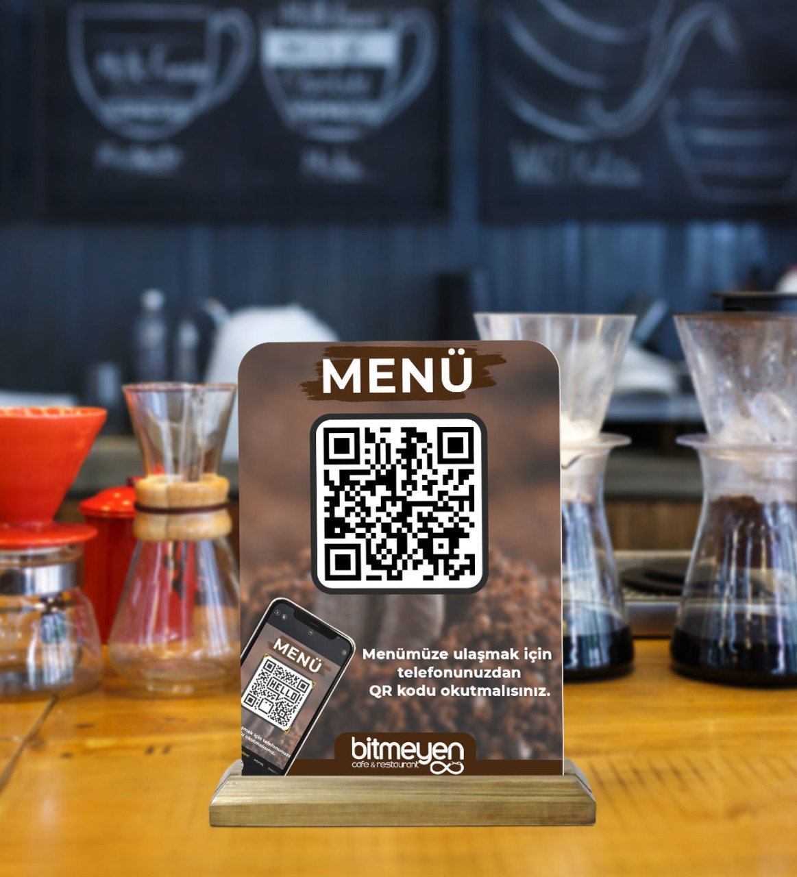 Restoran & Cafe & Barlara Özel Ahşap Standlı Pleksi QR Kod Menü