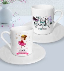 Kişiye Özel Anneler Günü Temalı Evin Prensesi ve Evin Yakışıklısı Tasarımlı İkili Türk Kahvesi Fincanı Seti-1