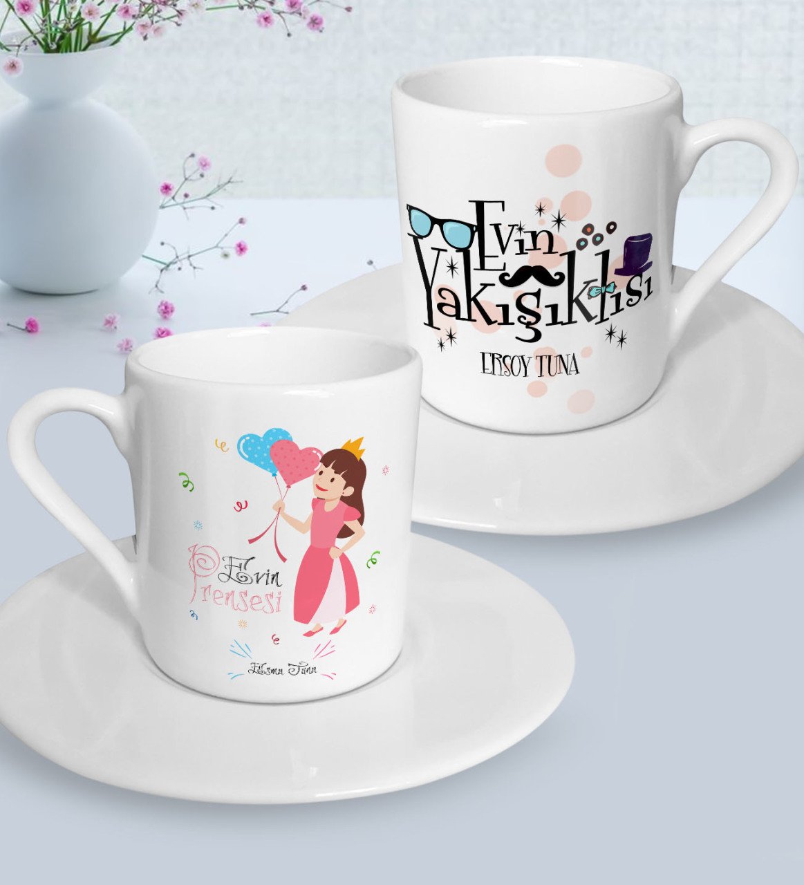 Kişiye Özel Anneler Günü Temalı Evin Prensesi ve Evin Yakışıklısı Tasarımlı İkili Türk Kahvesi Fincanı Seti-2