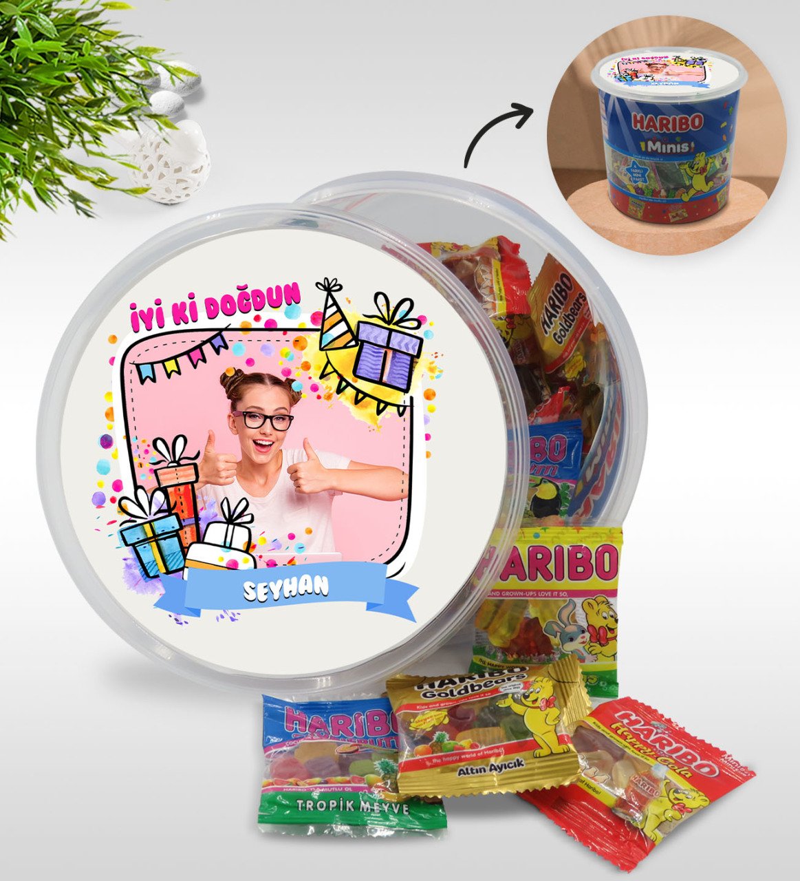 Kişiye Özel İsimli Fotoğraflı Doğum Günü Tasarımlı Dev Boy Haribo Minis Kovası (10gx100adet) Model 20