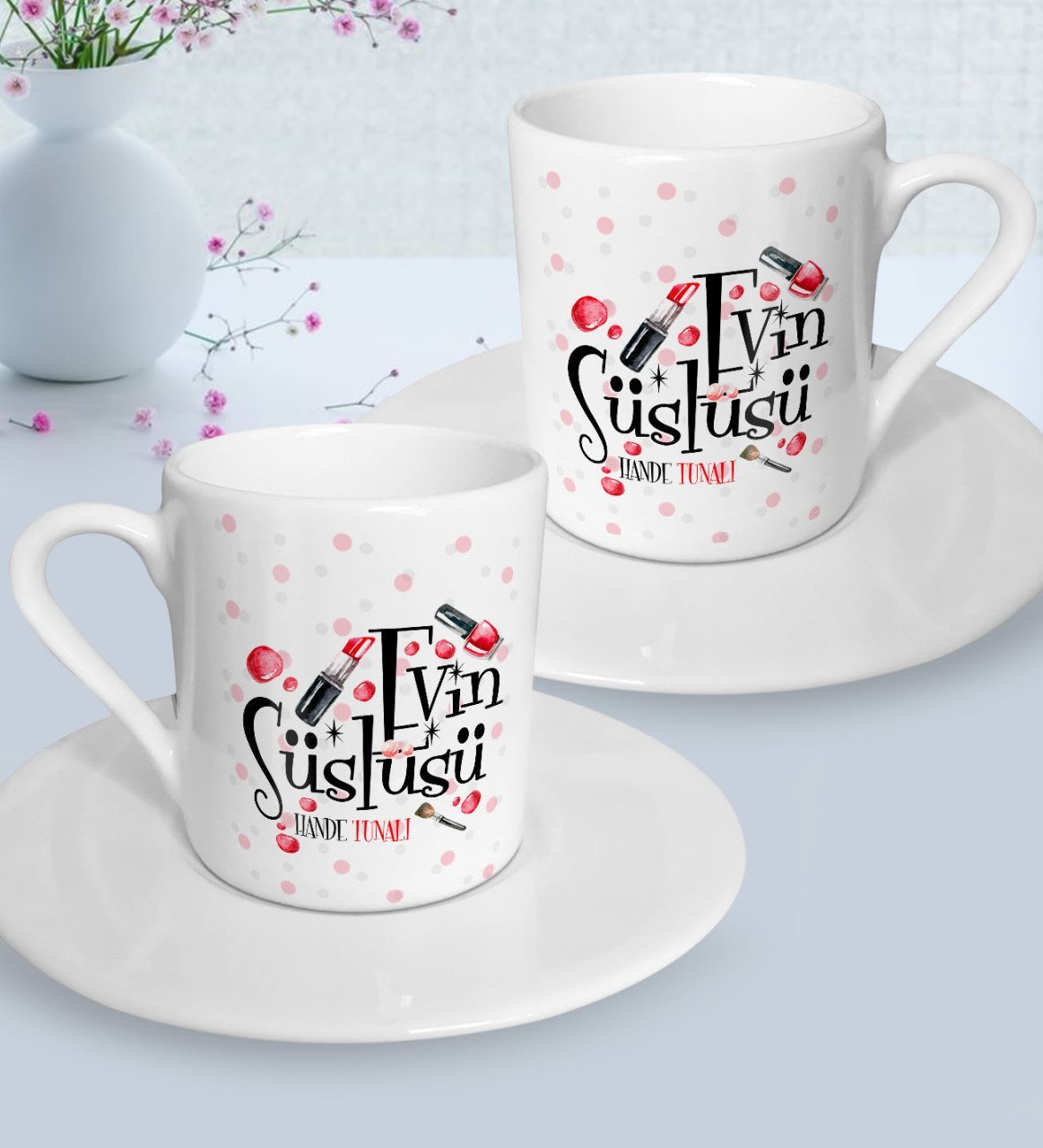 Kişiye Özel Anneler Günü Temalı Evin Süslüsü Tasarımlı İkili Türk Kahvesi Fincanı Seti-4