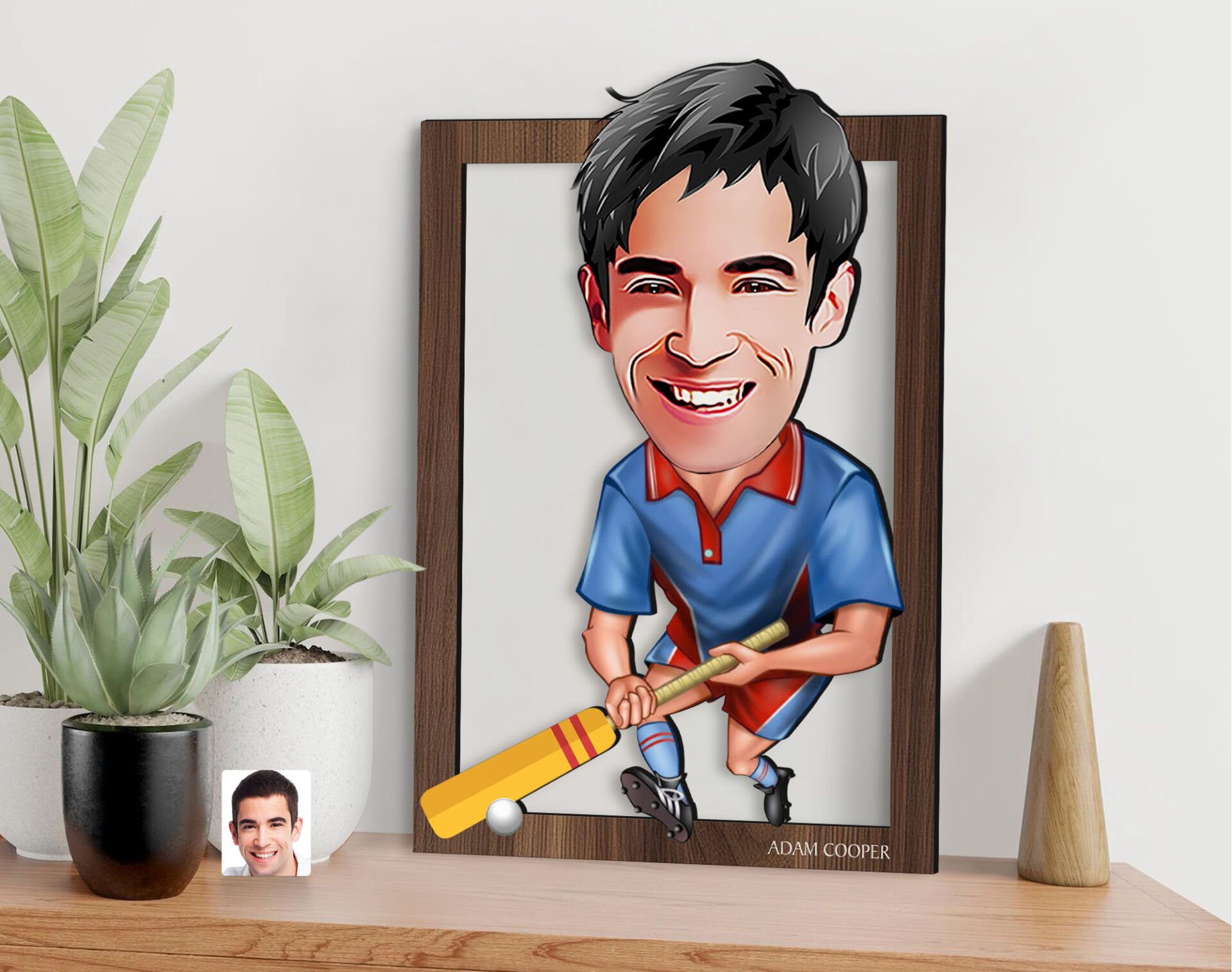 BK Gift Kişiye Özel Erkek Cricket Karikatürlü 3D Ahşap Tablo-1, Sevgiliye Hediye, Arkadaşa Hediye, Doğum Günü Hediyesi