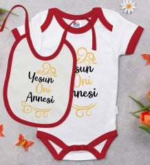 BK Kids Yesun Oni Annesi Tasarımlı Kırmızı Bebek Body Zıbın ve Mama Önlüğü Hediye Seti-1