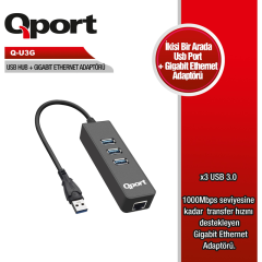 QPORT Q-U3G 3 PORT USB3.0 ÇOKLAYICI + GIGABIT ETHERNET PORT