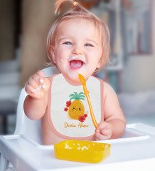 BK Kids Kişiye Özel Sevimli Ananas Tasarımlı Pembe Bebek Body Zıbın ve Mama Önlüğü Hediye Seti-2