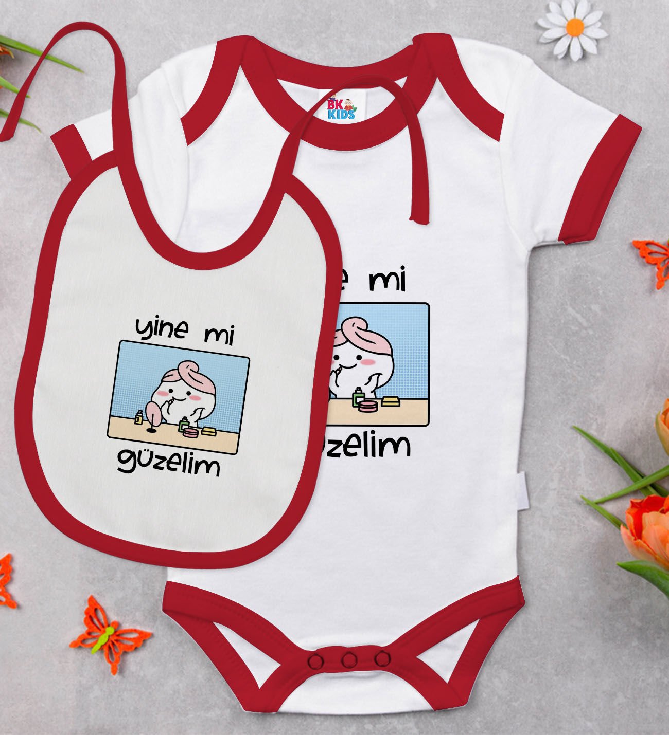 BK Kids Yine Mi Güzelim Tasarımlı Kırmızı Bebek Body Zıbın ve Mama Önlüğü Hediye Seti-1