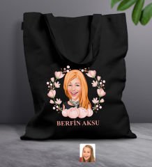 BK Gift Kişiye Özel Anneler Günü Karikatürlü Siyah Kumaş Bez Çanta, Baskılı Omuz Çantası, Alışveriş Çantası, Anneye Hediye-3