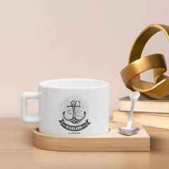 BK Gift Kişiye Özel İsimli Denizci Tasarımlı-4, Ahşap Altlıklı Seramik Fincan, Meslek Hediyesi, Yeni İş Hediyesi