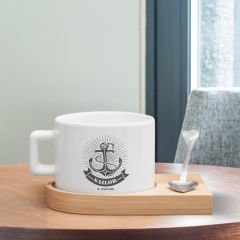 BK Gift Kişiye Özel İsimli Denizci Tasarımlı-4, Ahşap Altlıklı Seramik Fincan, Meslek Hediyesi, Yeni İş Hediyesi