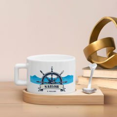 BK Gift Kişiye Özel İsimli Denizci Tasarımlı-6, Ahşap Altlıklı Seramik Fincan, Meslek Hediyesi, Yeni İş Hediyesi
