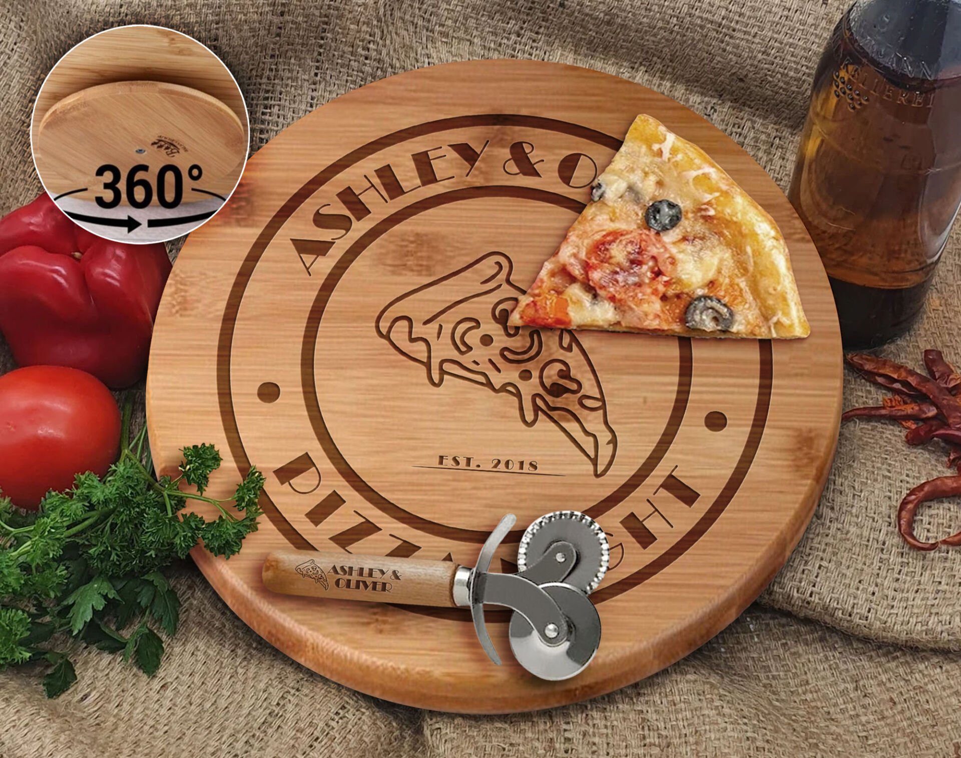 BK Gift Kişiye Özel İsimli Bambu Ahşap Döner Tablalı Pizza Tahtası-5, Pizza Kesme Tahtası Seti, Şarküteri Tahtası, Servis Tepsisi, Ahşap Tabak, Eve Taşınma Hediyesi