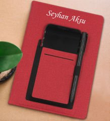 BK Gift Kişiye Özel İsimli Telefon Bölmeli Kırmızı Termo Deri Defter 15x21cm