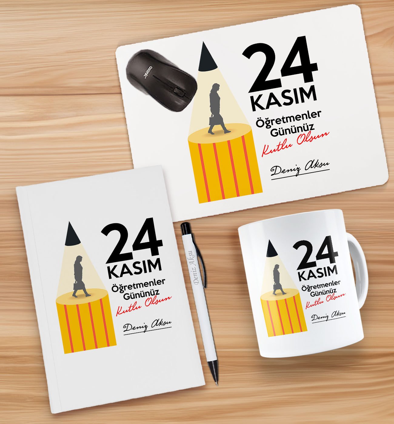 BK Gift Kişiye Özel İsimli Öğretmenler Günü Tasarımlı Defter, Tükenmez Kalem, Kupa ve Mousepad Hediye Seti - 10, Öğretmene Hediye, Öğretmenler Günü