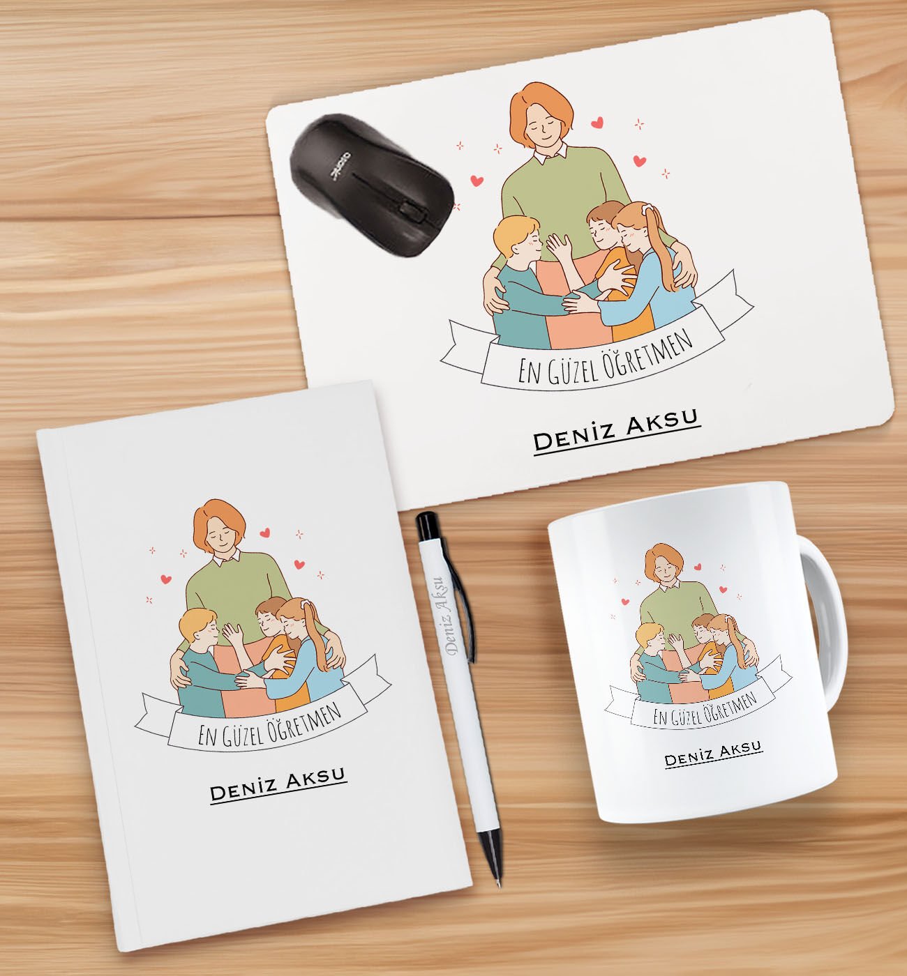 BK Gift Kişiye Özel İsimli Öğretmenler Günü Tasarımlı Defter, Tükenmez Kalem, Kupa ve Mousepad Hediye Seti - 11, Öğretmene Hediye, Öğretmenler Günü