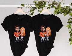 BK Gift Kişiye Özel Sevgililer Karikatürlü İkili Siyah T-shirt Seti, Sevgililer Hediye, Çift Hediyesi, Yıl Dönümü Hediyesi, Kişiye Özel Tişört-1