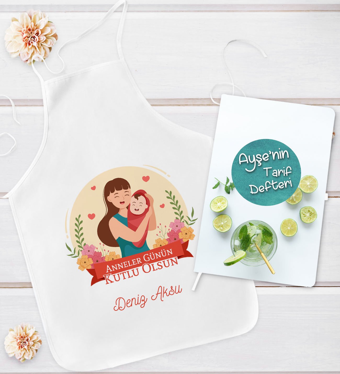 BK Gift Kişiye Özel Anneler Günü Tasarımlı Mutfak Önlüğü ve Yemek Tarif Defteri Hediye Seti-1, Anneye Hediye, Anneler Günü Hediyeleri