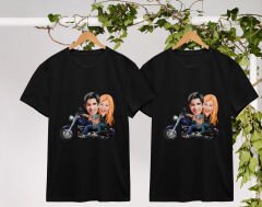 BK Gift Kişiye Özel Sevgililer Karikatürlü İkili Siyah T-shirt Seti, Sevgililer Hediye, Çift Hediyesi, Yıl Dönümü Hediyesi, Kişiye Özel Tişört-5