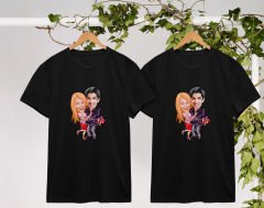 BK Gift Kişiye Özel Sevgililer Karikatürlü İkili Siyah T-shirt Seti, Sevgililer Hediye, Çift Hediyesi, Yıl Dönümü Hediyesi, Kişiye Özel Tişört-7