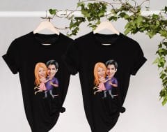 BK Gift Kişiye Özel Sevgililer Karikatürlü İkili Siyah T-shirt Seti, Sevgililer Hediye, Çift Hediyesi, Yıl Dönümü Hediyesi, Kişiye Özel Tişört-8