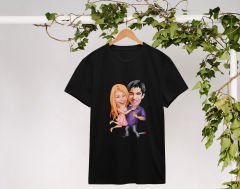 BK Gift Kişiye Özel Sevgililer Karikatürlü İkili Siyah T-shirt Seti, Sevgililer Hediye, Çift Hediyesi, Yıl Dönümü Hediyesi, Kişiye Özel Tişört-8