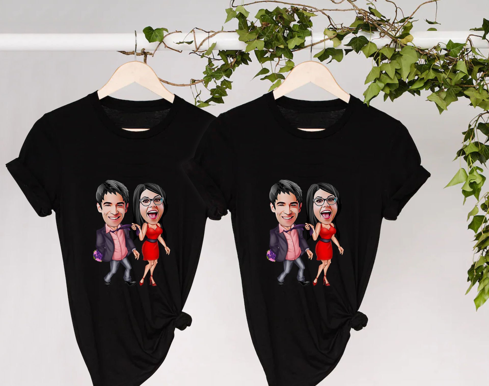 BK Gift Kişiye Özel Sevgililer Karikatürlü İkili Siyah T-shirt Seti, Sevgililer Hediye, Çift Hediyesi, Yıl Dönümü Hediyesi, Kişiye Özel Tişört-9