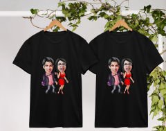 BK Gift Kişiye Özel Sevgililer Karikatürlü İkili Siyah T-shirt Seti, Sevgililer Hediye, Çift Hediyesi, Yıl Dönümü Hediyesi, Kişiye Özel Tişört-9