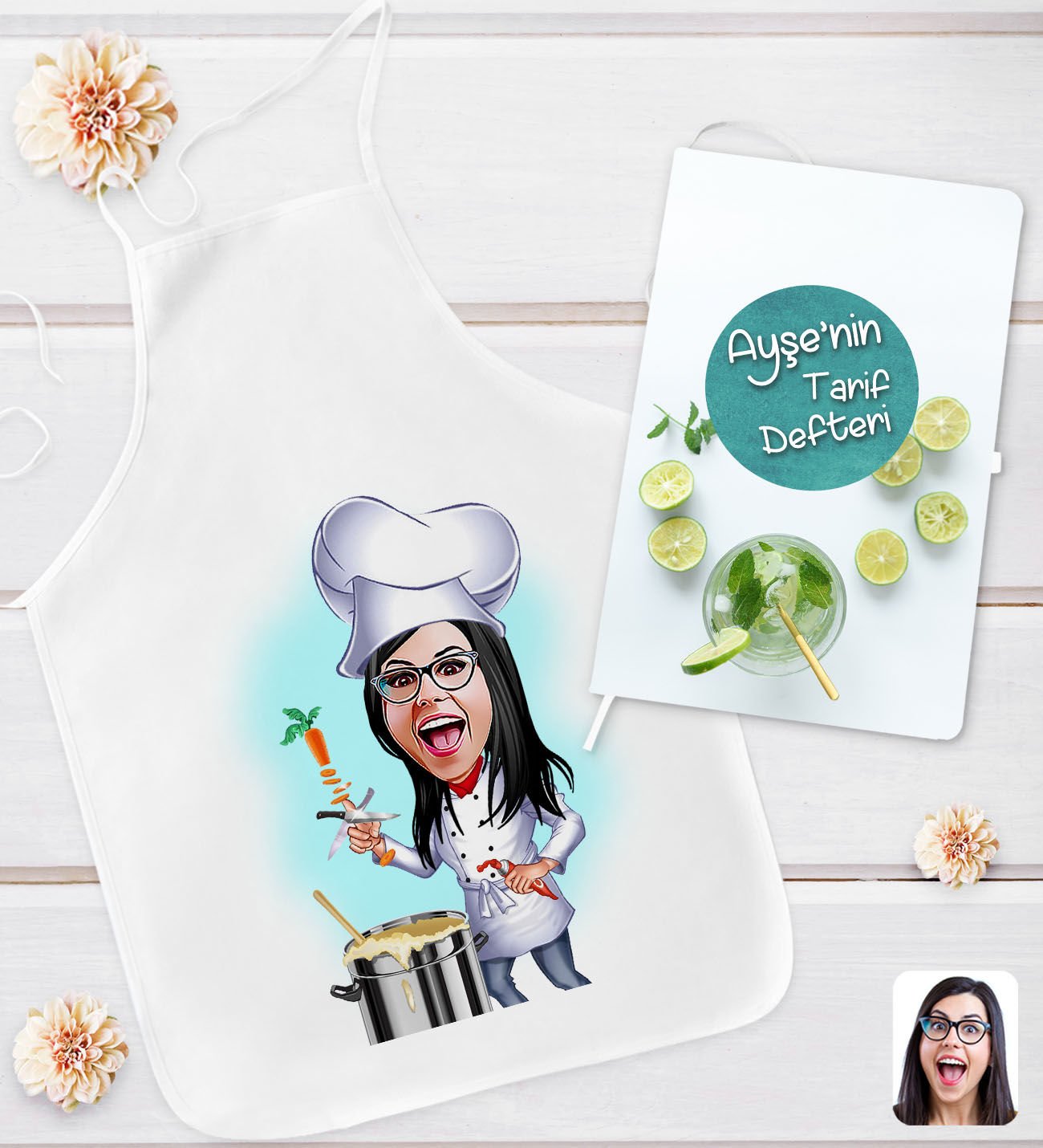 BK Gift Kişiye Özel Karikatürlü Aşçı Anne Tasarımlı Mutfak Önlüğü ve Yemek Tarif Defteri Hediye Seti-4, Anneye Hediye, Anneler Günü Hediyeleri