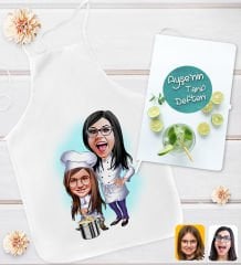 BK Gift Kişiye Özel Anne Kız Karikatür Tasarımlı Mutfak Önlüğü ve Yemek Tarif Defteri Hediye Seti-2, Anneye Hediye, Anneler Günü Hediyeleri