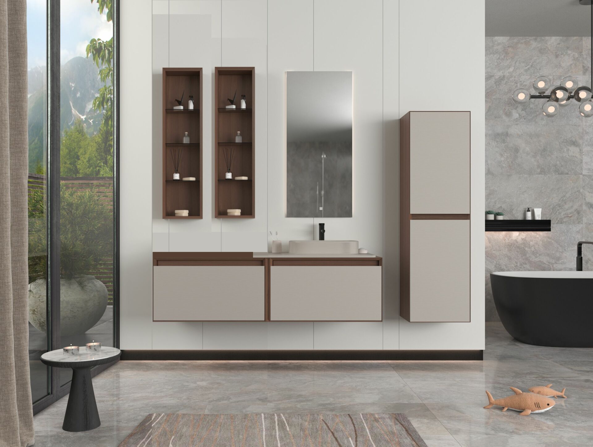 Orka Pacific 140 Banyo Dolabı + Boy Dolabı 40 Mocha Meşe / Mat Vizon (Boy Dolabı Dahildir)