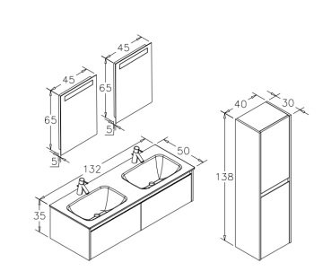 Orka Lisbon 132 Banyo Dolabı (Çift Lavabolu) (Çift 45x65 Led Aynalı) + Boy Dolabı 40 Kaşmir (Boy Dolabı Dahildir)