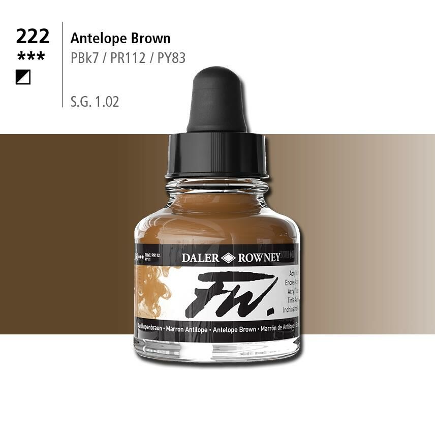 Daler Rowney Fw Acrylic Artisits Ink 29.5 ml Damlalıklı Cam Şişe Antilope Brown 222