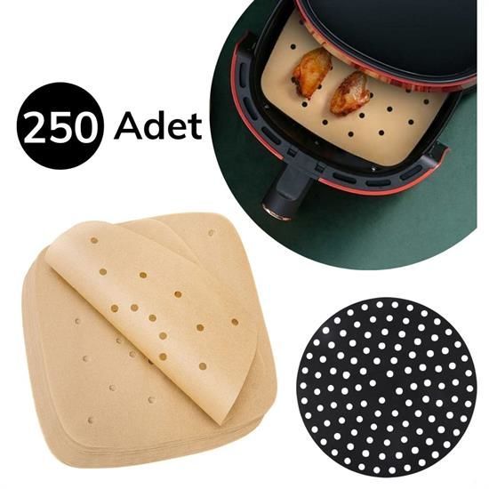 250 Adet Tek Kullanımlık Delikli Kare ve Airfryer Yuvarlak Model Pişirme Matı Siyah 23cm