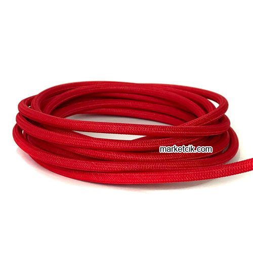 Marketcik 2x0,50mm Kırmızı Renkli Dekoratif Örgülü Kumaş Kablo, 5 Metrelik Paket