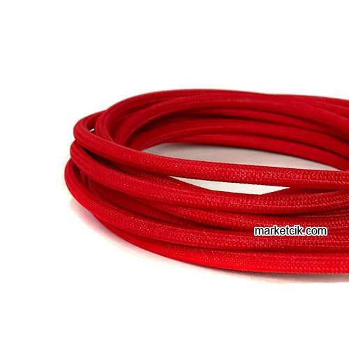 Marketcik 2x0,50mm Kırmızı Renkli Dekoratif Örgülü Kumaş Kablo, 5 Metrelik Paket